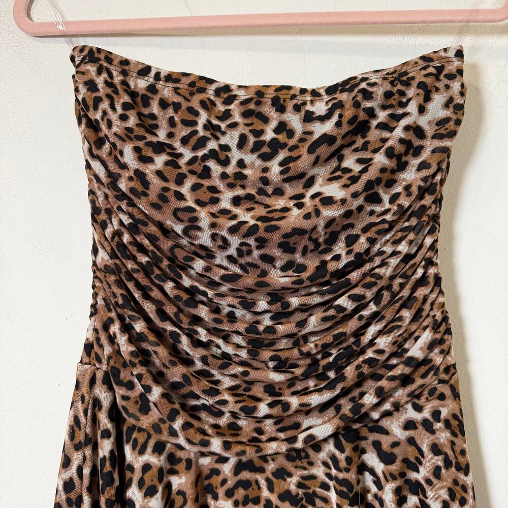 Lg Y2K Vtg Charlotte Russe Leopard Mini Dress Strapless Ruched Handkerchief Hem - Picture 3 of 5